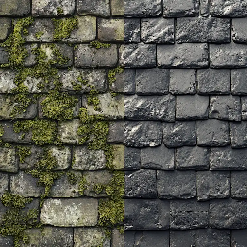 Ardoises couvertes de mousse avant et après nettoyage. Couverture Delalande, expert en entretien et rénovation de toitures en ardoise à Vieux-Viel.